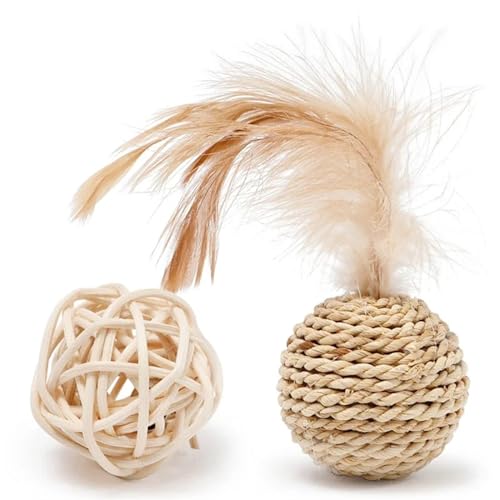 Katzenspielzeug, Rattan-Federball mit Glöckchen, lustiges interaktives Spiel for Kätzchen und Haustierbedarf Katzenspielzeug(2pc) von SITBXO