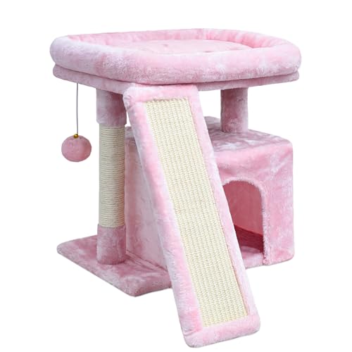 Kleiner Kratzbaum für Indoor-Katzen, Katzenturm mit Sitzstange, Höhle, Haus und stabiler Ständer für Kätzchen und erwachsene Haustiere (Rosa) von SIYIPURR