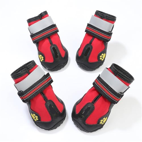 Hundeschuhe Pfotenschutz Outdoor Reflektierende Hundeschuhe Sneaker Wasserdicht Anti-Rutsch-Winterstiefel Schuhe Socken Haustier for mittelgroße und große Hunde(Red,No.5) von SJHFKDK
