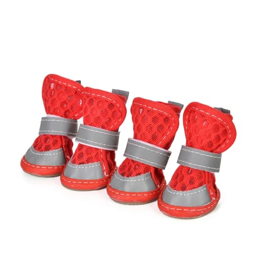 SJHFKDK Hundeschuhe Pfotenschutz Outdoor Hundeschuhe for kleine und mittelgroße Hunde, reflektierendes Netz, atmungsaktiv, Sommerschuhe, Welpen-Outdoor-Zubehör(Red,3) von SJHFKDK