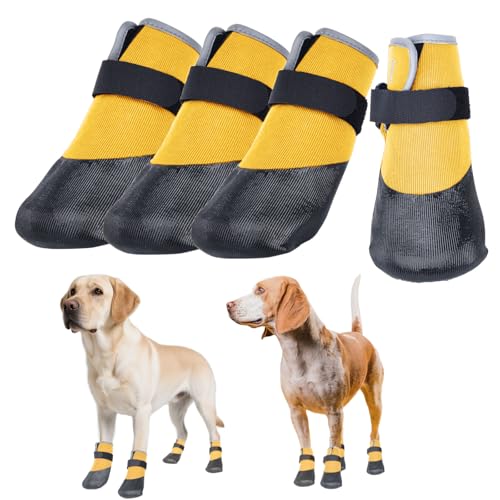 SJJH Hundeschuhe, leicht, atmungsaktiv, gestrickt, Pfotenschutz mit verstellbarem Riemen für heiße Gehwege, Regen, Hartholzböden, rutschfest, reduziert Lärm, verhindert Lecken von Pfoten (Gelb, L) von SJJH
