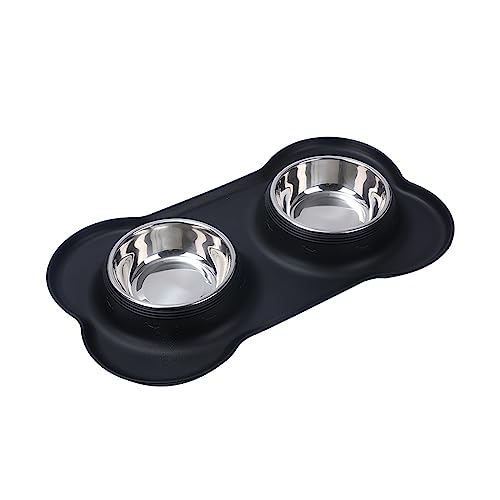 Fressnäpfe-Set aus Edelstahl mit Rutschfester Matte – perfekt for kleine, mittelgroße Hunde, Welpenhunde und Katzen – kleckerfreies Design – Schwarz (Grey : Black, Size : L) von SKIHOT