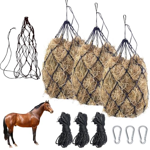 SKIKHN Heunetz für Pferde, 3 Stück Heusack für Pferde 36inch,Maschenweite 5X5 inch Heunetz Engmaschig mit Ringen und Karabinerhaken,Futtersack,Stroh Futternetz für Pferde Ponys Ziegen Tiere (Schwarz) von SKIKHN