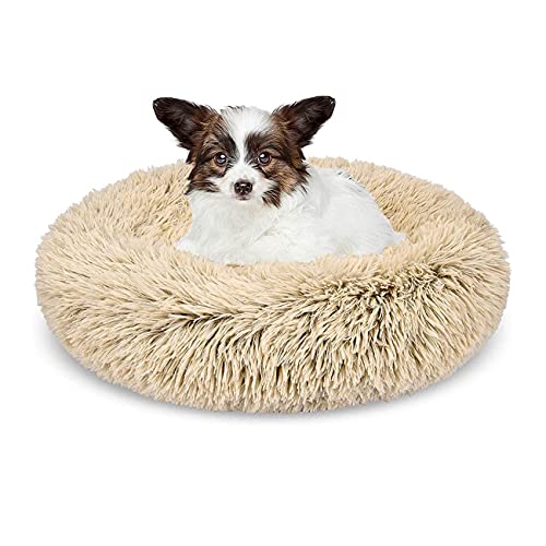 Hundebett aus langem Plüsch, beruhigendes Haustierbett, rundes Plüsch, Katzen- und Hundebett, waschbar, selbstwärmend, für warmen Schlaf, Beige 60cm von SKRORS