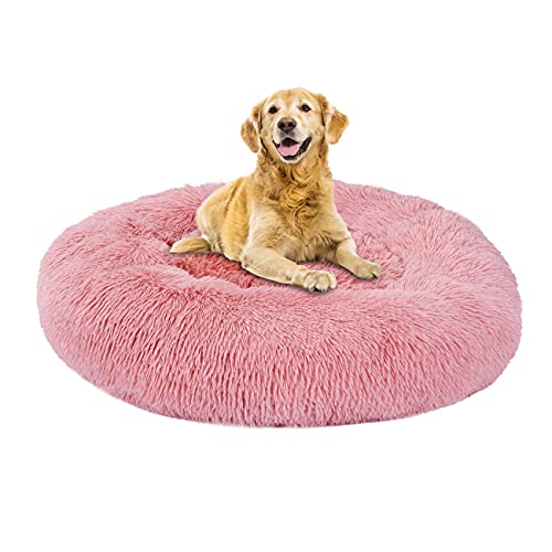 Rundes Donut-Hundebett, beruhigendes Hunde-/Katzenbett, warm und weich, mit rutschfester Unterseite, waschbar, 70 cm, Rosa von SKRORS