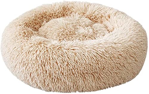 Rundes Plüsch-Katzen- und Hundebett, beruhigender Donut-Kuscheler, waschbar, selbstwärmendes Haustierbett für warmen Schlaf (60, Beige) von SKRORS