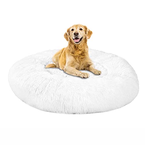 SKRORS Rundes Plüsch-Katzen-Hundebett, beruhigendes Donut-Kuschelbett, waschbar, selbstwärmendes Haustierbett für warmes Schlafen, 3XL (Weiß, 100 cm) von SKRORS
