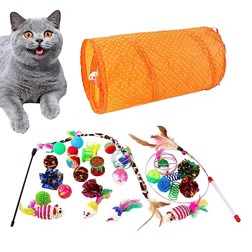 Katzenröhren und Tunnel - 30-teiliges Kätzchenspielzeug mit zusammenklappbarem Katzentunnel,Interaktives Katzenspielzeug mit Plüschbällen, Knisterbällen, Flauschiger Maus, Feder-Teaser, Skuda von SKUDA