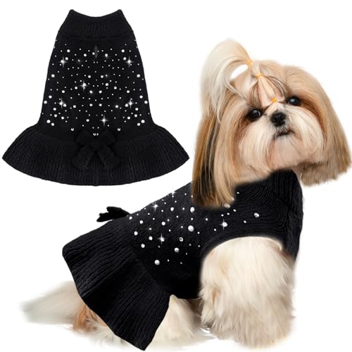 SKXEO Hundepullover mit Loch für die Leine für kleine und mittelgroße Hunde, mit Fliege, Büffelkaro, Rot / Schwarz, Rollkragen, Strickwaren, Welpenpullover von SKXEO