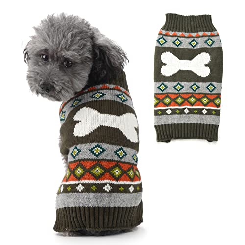 SKXEO Hundepullover mit Knochenmuster, gestrickt, warm, für den Winter, Armee-Grün von SKXEO
