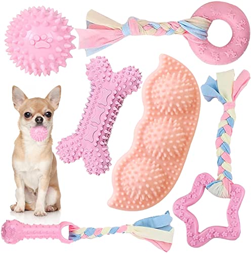 SKXEO Kauspielzeug für kleine Hunde, 6 Stück, mit Ball und bunten Seilen, quietschendes interaktives Haustierspielzeug für kleine, mittelgroße Hunde (rosa) von SKXEO