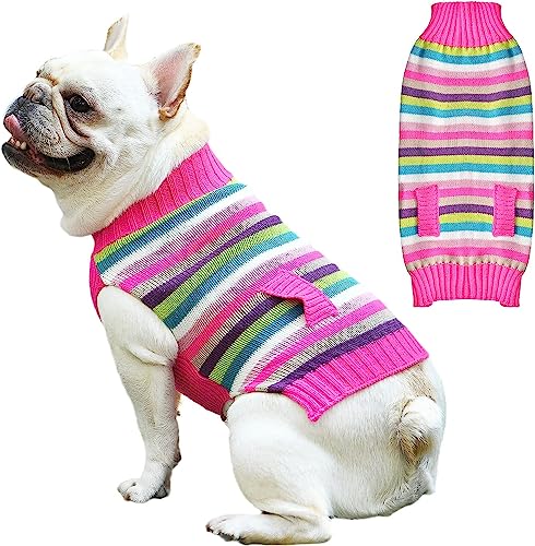 SKXEO Rosa gestreifter Hundepullover mit falschen Taschen, für Welpen, Katzen, Herbst und Winter, warm, für kleine, mittelgroße und große Hunde SKXEO Rosa gestreifter Hundepullover mit falschen Taschen, für Welpen, Katzen, Herbst und Winter, warm, für kleine, mittelgroße und große Hunde von SKXEO