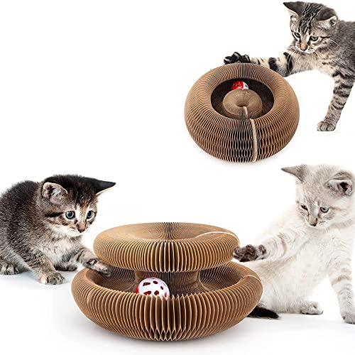 Kratzbrett für Katzen, multifunktional, zusammenklappbar, Wellpappe, Kratzspielzeug, Freizeitbett mit integrierten runden Glockenbällen von SLAGMALE