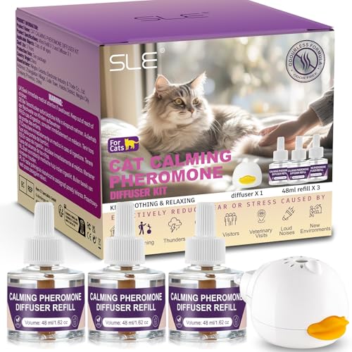 Pheromone Katzen Diffusor Kit, Fördert Wohlbefinden & Verhaltensunterstützung, Calming Diffuser Katze Anti Stress Beruhigendes（1 Diffusor + 3 Nachfüllen à 48 Ml） (1 Diffusor + 3 Nachfüllen) von SLE