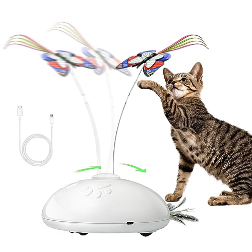 SLE Interaktives Katzenspielzeug für den Innenbereich, 3-in-1 Umzug Spielzeug mit 360 ° Drehbarem Schmetterling, Feder, LED-Licht, Wiederaufladbares Automatisches Intelligentes Kätzchenspielzeug von SLE