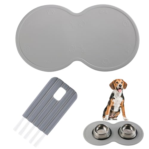 SLEEKEE 1 Stück Futtermatte für Haustiere, Hundenapfmatte, Katzenfuttermatte, Wasserdicht, Grau, Silikon, Hund und Katze, Reinigungsbürste, Tierfutternapfmatte von SLEEKEE