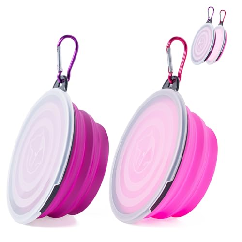 2 Stück Faltbare Reisenäpfe,Haustier Hundenapf mit Deckel und Haken Tragbare Silikon Trinkschale für Katzen,Hunde Reise Wanderungen and Camping (rosa und lila, klein) von SLSON