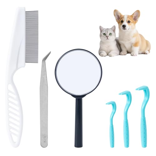 6-teiliges Zeckenentferner-Werkzeug-Set, schmerzlose Zeckenentfernungshaken (S, M, L) und Edelstahl-Pinzette, Anti-Flea-Läusekamm und Lupe für Hunde, Katzen und Menschen, Lyme-Prävention von SLSON