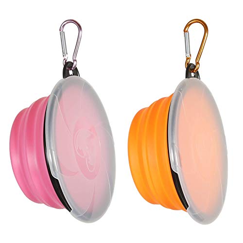 SLSON 2 Stück Hundenäpfe Faltbare Reiseschale, auslaufsichere Hundenapf mit Deckel und Haken Tragbare Silikon Trinkschale für Katzen,Hunde Wanderungen and Camping (350ML, Orange und Pink) von SLSON