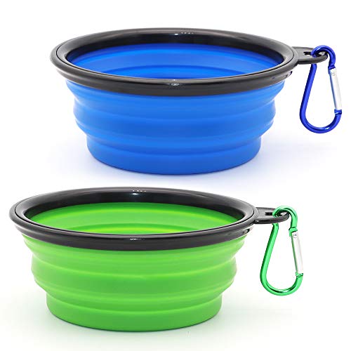 SLSON 2 Stück Hundenäpfe Faltbare Reiseschale,Auslaufsichere Hundenapf mit Bergsteigerkarabiner für Katzen,Hunde und Haustiere für Wasser und Futter (350ml, Blau und Grün) von SLSON