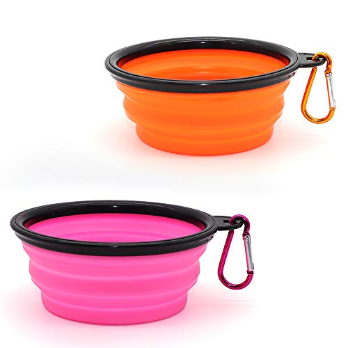 SLSON 2 Stück Hundenäpfe Faltbare Reiseschale,Auslaufsichere Hundenapf mit Bergsteigerkarabiner für Katzen,Hunde und Haustiere für Wasser und Futter (350ml, Orange und Pink) von SLSON