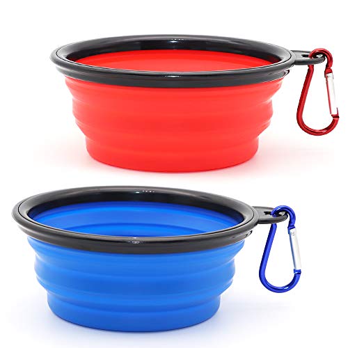 SLSON 2 Stück Hundenäpfe Faltbare Reiseschale,Auslaufsichere Hundenapf mit Bergsteigerkarabiner für Katzen,Hunde und Haustiere für Wasser und Futter (350ml, Blau und Rot) von SLSON