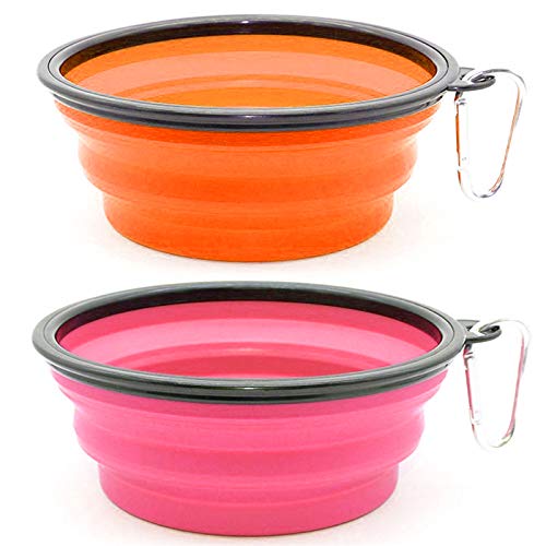 SLSON 2 Stück faltbare Napf für Hunde, Reisen und Hunde mit Karabinerhaken zum Bergsteigen, tragbar, für Katzen, Hunde und Haustiere für Wasser und Futter (1000 ml, Orange und Rosa) von SLSON