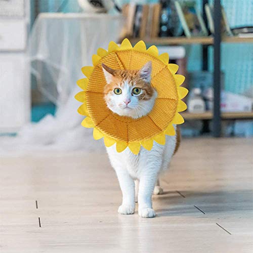 SLSON Halskrausen für Hunde Katze,Bequem Weich Recovery Schutz für Haustier Nackenschutz Kissen und Verstellbarer Kragen mit Gelbem Sonnenblumenmuster (M) von SLSON