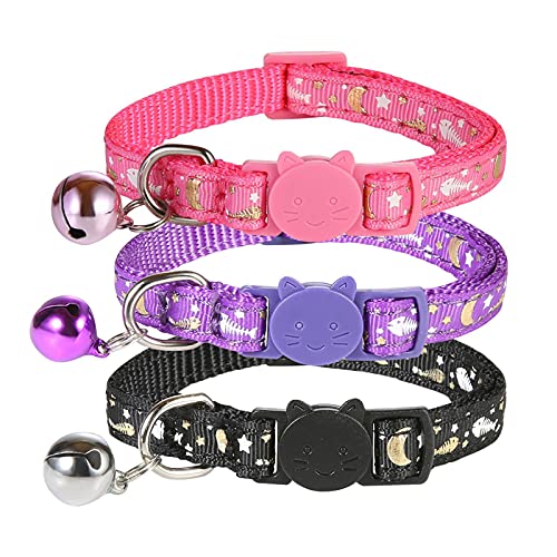 SLSON Katzenhalsband, mit Glöckchen, Mond, Stern und Fischgrätenmuster, leuchtet im Dunkeln, verstellbar von 18–28 cm, Violett, Pink, Schwarz, 3 Stück SLSON Katzenhalsband, mit Glöckchen, Mond, Stern und Fischgrätenmuster, leuchtet im Dunkeln, verstellbar von 18–28 cm, Violett, Pink, Schwarz, 3 Stück von SLSON