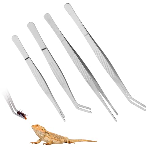 SLSON Lange Futterzange für Reptilien (18 cm + 25 cm), Edelstahl, gerade und gebogene Pinzette, Aquarium-Pflanzen-Werkzeug und Schopf-Gecko-Eidechsen-Schlangen-Futterklemmen, 4 Stück von SLSON