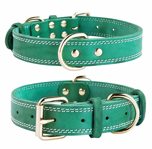 SLZZ Prämie Echtes Leder Hundehalsband/weich Dauerhaft Schwere Echtes Leder Hundehalsband für Rüde Weiblich Kleine X-Kleine Mittlere Große X-Große Hunde-Grün-L von SLZZ