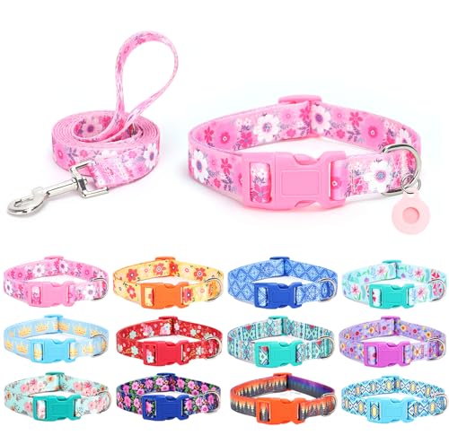 SLZZ Hundehalsband mit Leine Airtag Halter Etui Garnitur - Hundehalsbänder für männlich weiblich Junge Mädchen Welpe X-klein klein mittel groß Hunde Gehen Laufen Training - Rosa Gänseblümchen-L SLZZ Hundehalsband mit Leine Airtag Halter Etui Garnitur - Hundehalsbänder für männlich weiblich Junge Mädchen Welpe X-klein klein mittel groß Hunde Gehen Laufen Training - Rosa Gänseblümchen-L von SLZZ