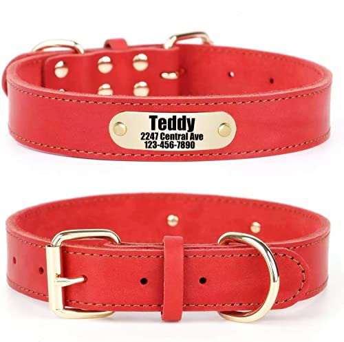 SLZZ Personalisiertes Hundehalsband aus echtem Leder mit Hundename Telefonnummer/langlebiges verstellbares Hundehalsband für X-Klein Klein Mittel Groß X-Groß Hunde - Rot/L von SLZZ