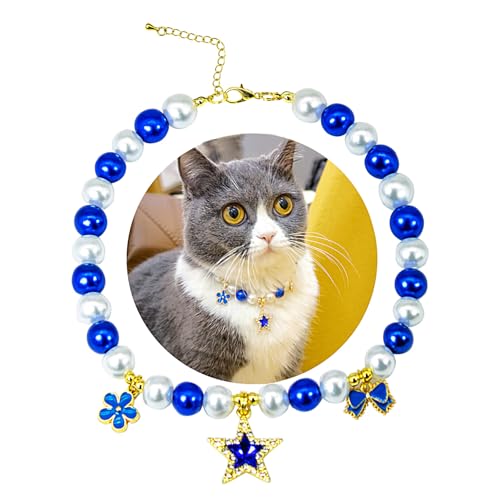 SM4BED Halsband für Hunde und Katzen, Perlen-Halskette, weiße und blaue Perlen mit glänzendem Stern-Strass-Diamant-Anhänger und Blumenschleife, verstellbarer Welpenschmuck für kleine, mittelgroße SM4BED Halsband für Hunde und Katzen, Perlen-Halskette, weiße und blaue Perlen mit glänzendem Stern-Strass-Diamant-Anhänger und Blumenschleife, verstellbarer Welpenschmuck für kleine, mittelgroße von SM4BED
