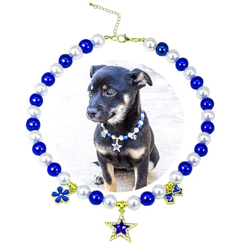 SM4BED Halsband für Hunde und Katzen, Perlen-Halskette, weiße und blaue Perlen mit glänzendem Stern-Strass-Diamant-Anhänger und Blumenschleife, verstellbarer Welpenschmuck für mittelgroße und große SM4BED Halsband für Hunde und Katzen, Perlen-Halskette, weiße und blaue Perlen mit glänzendem Stern-Strass-Diamant-Anhänger und Blumenschleife, verstellbarer Welpenschmuck für mittelgroße und große von SM4BED