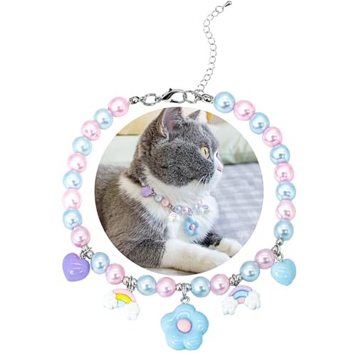 SM4BED Halsband für Hunde und Katzen, Perlen-Halskette, weiße und rosa Perlen mit süßem blauen Blumenanhänger und bezauberndem Regenbogen-Herz, verstellbarer Welpenschmuck für kleine, mittelgroße SM4BED Halsband für Hunde und Katzen, Perlen-Halskette, weiße und rosa Perlen mit süßem blauen Blumenanhänger und bezauberndem Regenbogen-Herz, verstellbarer Welpenschmuck für kleine, mittelgroße von SM4BED