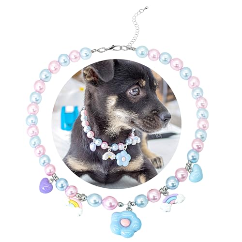 SM4BED Halsband für Hunde und Katzen, Perlen-Halskette, weiße und rosa Perlen mit süßem blauen Blumenanhänger und bezauberndem Regenbogen-Herz, verstellbarer Welpenschmuck für mittelgroße und große SM4BED Halsband für Hunde und Katzen, Perlen-Halskette, weiße und rosa Perlen mit süßem blauen Blumenanhänger und bezauberndem Regenbogen-Herz, verstellbarer Welpenschmuck für mittelgroße und große von SM4BED