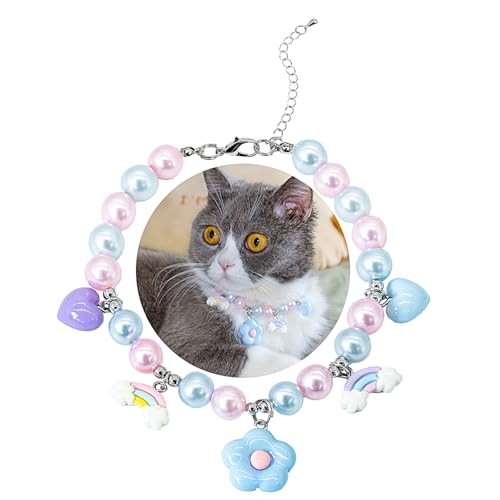 SM4BED Halsband für Hunde und Katzen, Perlen-Halskette, weiße und rosa Perlen mit süßem blauen Blumenanhänger und bezauberndem Regenbogen-Herz, verstellbarer kleiner Haustierschmuck für Chihuahua SM4BED Halsband für Hunde und Katzen, Perlen-Halskette, weiße und rosa Perlen mit süßem blauen Blumenanhänger und bezauberndem Regenbogen-Herz, verstellbarer kleiner Haustierschmuck für Chihuahua von SM4BED