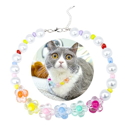 SM4BED Halsband für Hunde und Katzen, Perlenkette, weiße Perlen und bunte, bezaubernde Blume, verstellbarer Welpenschmuck für kleine, mittelgroße Haustiere, Größe M, 27,9 cm SM4BED Halsband für Hunde und Katzen, Perlenkette, weiße Perlen und bunte, bezaubernde Blume, verstellbarer Welpenschmuck für kleine, mittelgroße Haustiere, Größe M, 27,9 cm von SM4BED