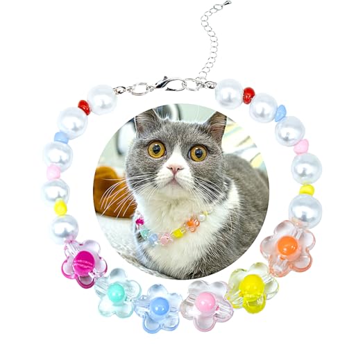 SM4BED Halsband für Hunde und Katzen, Perlenkette, weiße Perlen und bunte, bezaubernde Blume, verstellbarer kleiner Haustierschmuck für Chihuahua, Yorkie, Größe S, 21,6 cm SM4BED Halsband für Hunde und Katzen, Perlenkette, weiße Perlen und bunte, bezaubernde Blume, verstellbarer kleiner Haustierschmuck für Chihuahua, Yorkie, Größe S, 21,6 cm von SM4BED
