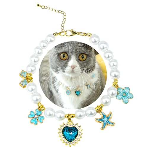 SM4BED Halsband für Hunde und Katzen, weiße Perlen mit blauem, glänzendem Herz-Strass-Diamant-Anhänger und Blumenschleife, Seestern, verstellbarer kleiner Haustierschmuck für Chihuahua, Yorkie, Größe SM4BED Halsband für Hunde und Katzen, weiße Perlen mit blauem, glänzendem Herz-Strass-Diamant-Anhänger und Blumenschleife, Seestern, verstellbarer kleiner Haustierschmuck für Chihuahua, Yorkie, Größe von SM4BED