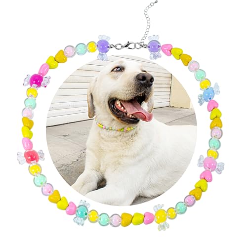 SM4BED Hundehalsband, Perlenkette, bunte Perlen mit süßem Herz und entzückenden Süßigkeiten, verstellbarer Haustierschmuck für große Hunde, XXL, 50,5 cm von SM4BED