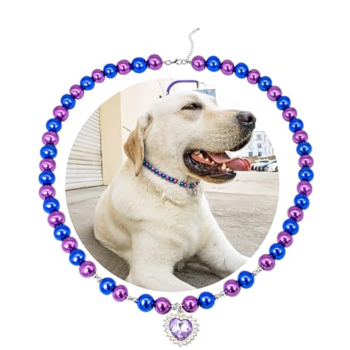 SM4BED Hundehalsband, Perlenkette, lila und blaue Perlen mit glänzendem Strass-Diamant-Anhänger und silbernen Perlen, verstellbarer Haustierschmuck für große Hunde, XXL, 50,5 cm von SM4BED