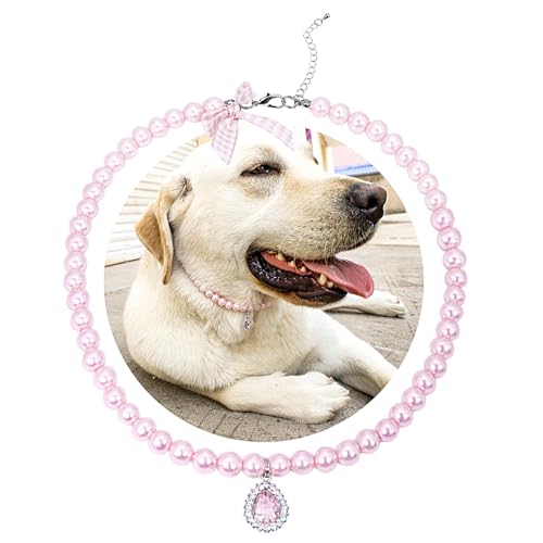 SM4BED Hundehalsband, Perlenkette, rosa Perlen mit niedlicher Schleife und glänzendem Strass-Diamant, verstellbarer Haustierschmuck für große Hunde, XXL, 50,5 cm SM4BED Hundehalsband, Perlenkette, rosa Perlen mit niedlicher Schleife und glänzendem Strass-Diamant, verstellbarer Haustierschmuck für große Hunde, XXL, 50,5 cm von SM4BED