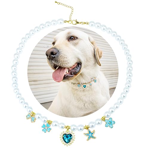 SM4BED Hundehalsband, Perlenkette, weiße Perlen mit blauem, glänzendem Herz-Strass-Diamant-Anhänger und Blumenschleife, Seestern, verstellbarer Haustierschmuck für große Hunde, XXL, 50,5 cm SM4BED Hundehalsband, Perlenkette, weiße Perlen mit blauem, glänzendem Herz-Strass-Diamant-Anhänger und Blumenschleife, Seestern, verstellbarer Haustierschmuck für große Hunde, XXL, 50,5 cm von SM4BED
