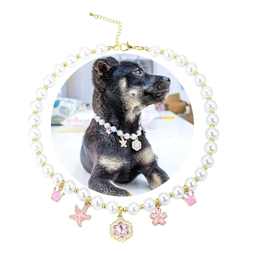 SM4BED Hundehalsband, Perlenkette, weiße Perlen mit glänzendem Strass-Diamant-Anhänger und goldenen Blumenperlen, verstellbarer Haustierschmuck für große Hunde, Größe XL, 43,2 cm SM4BED Hundehalsband, Perlenkette, weiße Perlen mit glänzendem Strass-Diamant-Anhänger und goldenen Blumenperlen, verstellbarer Haustierschmuck für große Hunde, Größe XL, 43,2 cm von SM4BED
