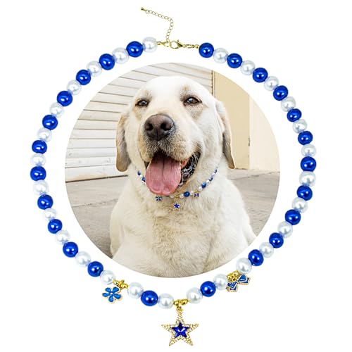 SM4BED Hundehalsband, Perlenkette, weiße und blaue Perlen mit glänzendem Stern-Strass-Diamant-Anhänger und Blumenschleife, verstellbarer Haustierschmuck für große Hunde, XXL, 50,5 cm SM4BED Hundehalsband, Perlenkette, weiße und blaue Perlen mit glänzendem Stern-Strass-Diamant-Anhänger und Blumenschleife, verstellbarer Haustierschmuck für große Hunde, XXL, 50,5 cm von SM4BED
