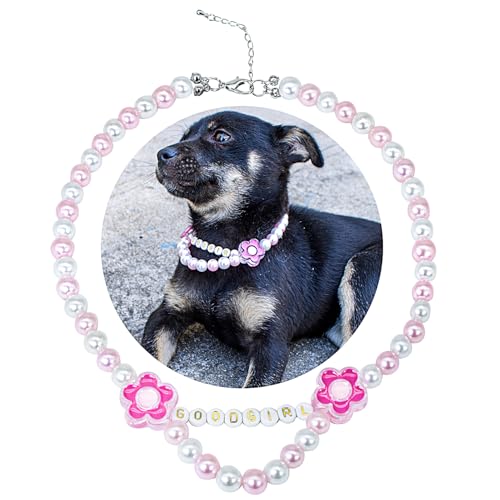 SM4BED Hundehalsband, Perlenkette, weiße und rosa Perlen mit gutem Mädchen und niedlichen Blumen, verstellbarer Haustierschmuck für große Hunde, Größe XL, 43,2 cm SM4BED Hundehalsband, Perlenkette, weiße und rosa Perlen mit gutem Mädchen und niedlichen Blumen, verstellbarer Haustierschmuck für große Hunde, Größe XL, 43,2 cm von SM4BED