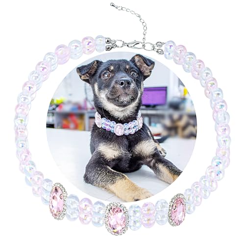 SM4BED Hundehalsband-Halskette mit 2-reihigen, glänzenden Perlen, rosa Strasssteinen, verstellbar, glitzernder Diamant, doppellagig, Haustierschmuck für große Hunde, Größe XL, 43,2 cm von SM4BED