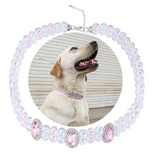 SM4BED Hundehalsband-Halskette mit 2-reihigen, glänzenden Perlen, rosa Strasssteinen, verstellbar, glitzernder Diamant, doppellagig, Haustierschmuck für große Hunde, XXL, 50,5 cm von SM4BED